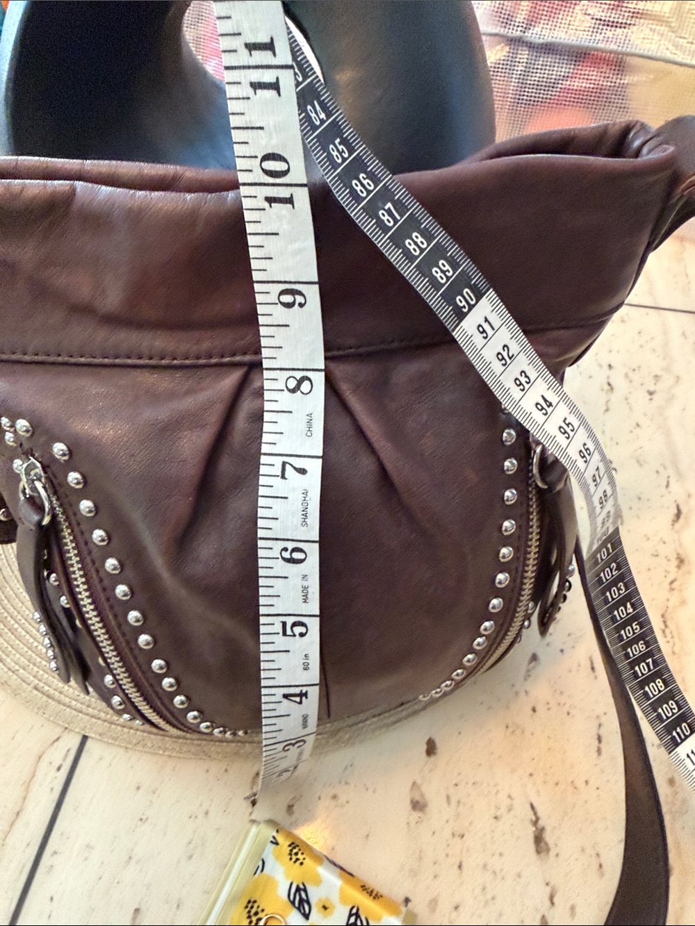 b. makowsky Brown Studded Leather Shoulder Bag with Twilly and Hummingbird Charm